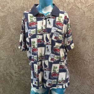 Munsingwear XL Polo Shirt Woody Car Surf Beach Print Y2K Coastal Dadcore
